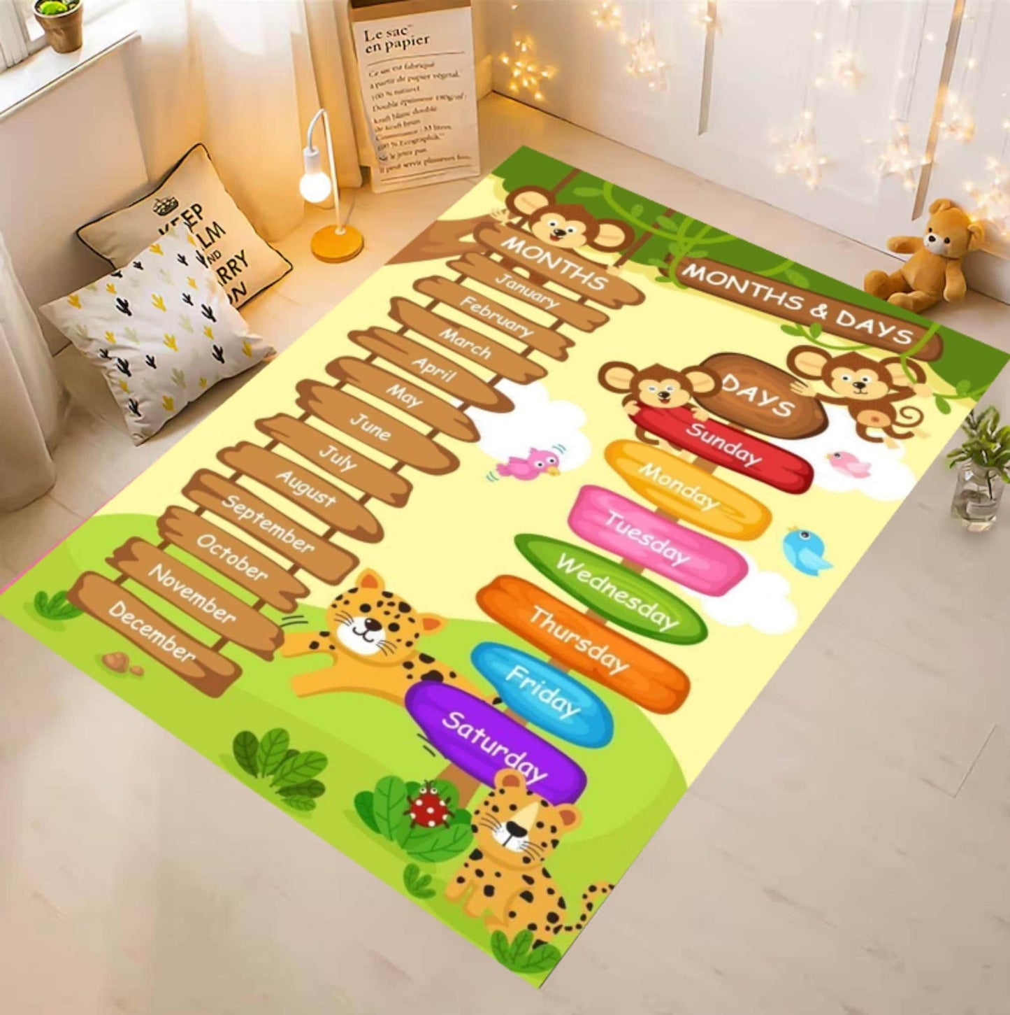 Montessori Rug for Months and Days | Playroom Jungle Animals Carpet