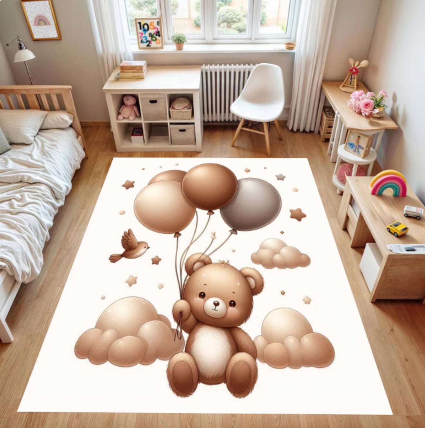 Neutral Teddy Bear Balloons Nursery Rug
