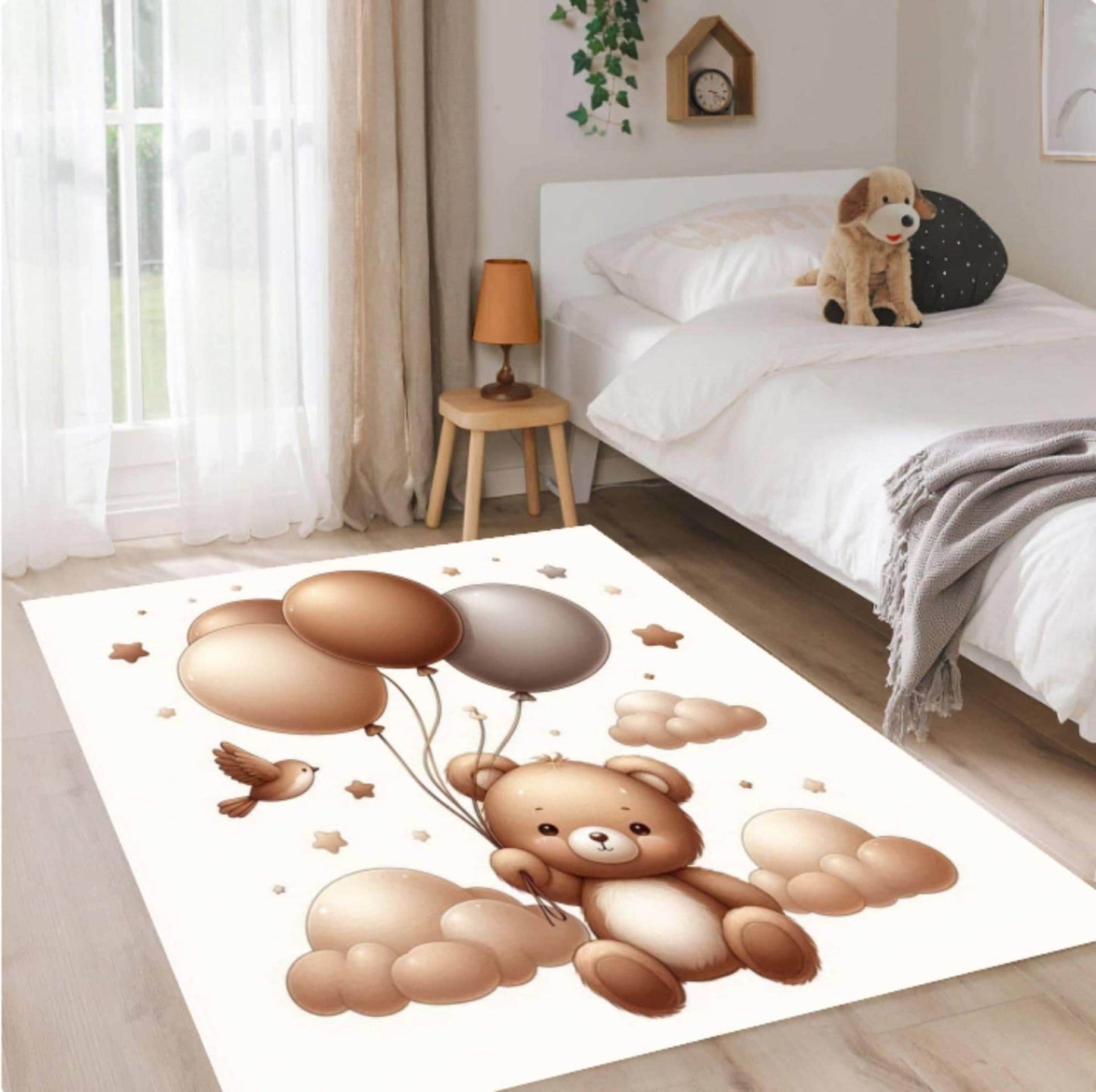 Neutral Teddy Bear Balloons Nursery Rug