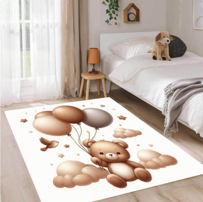 Neutral Teddy Bear Balloons Nursery Rug