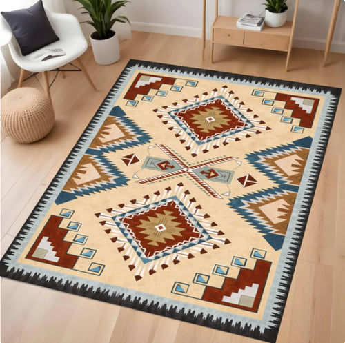 Decorative area rug with geometric pattern on a wooden floor