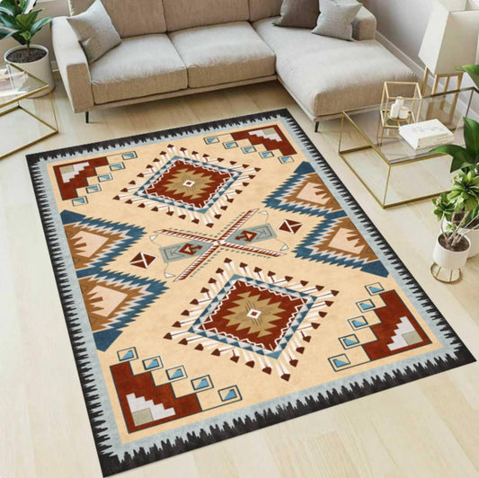 Southwestern Aztec Area Rug, Tribal Geometric Living Room Carpet, Boho Western Decor (Washable)