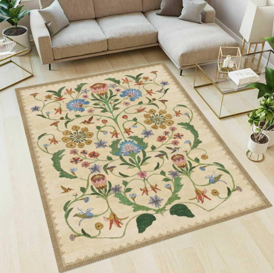 Vintage Botanical Area Rug, Cottagecore Floral Living Room Carpet, Washable Non Slip Floor Rug