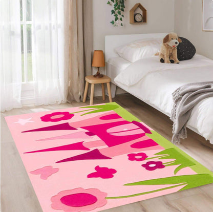 Pink Princess Castle Playroom Rug Washable Non-slip