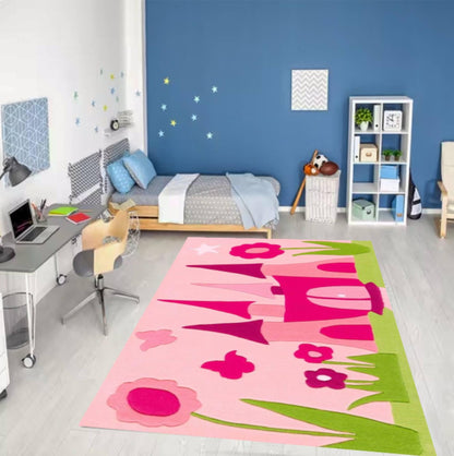 Pink Princess Castle Playroom Rug, Fairy Tale Girls Bedroom Carpet, Washable Non Slip Mat