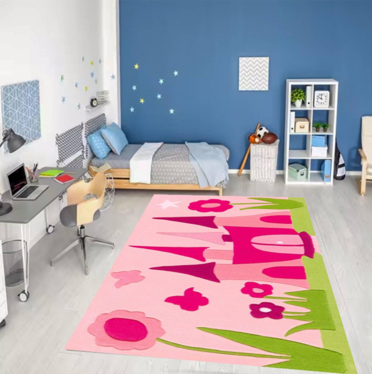 Pink Princess Castle Playroom Rug Washable Non-slip
