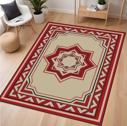 Decorative red and beige area rug on a wooden floor with a modern living room setting.