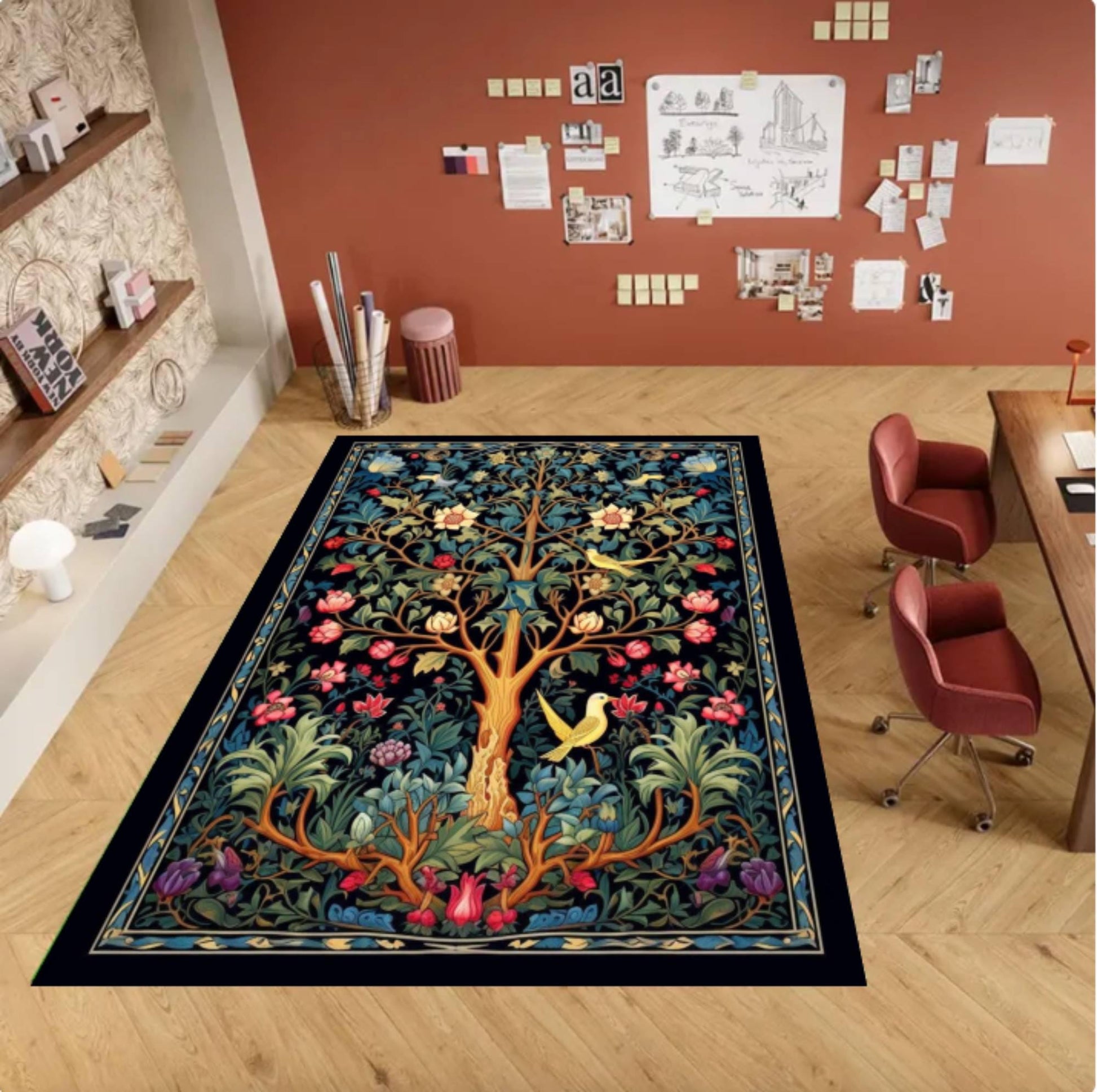 Tree of Life Rug, Floral Botanical Vintage Carpet, Cottagecore Garden Art (Washable Non Slip)