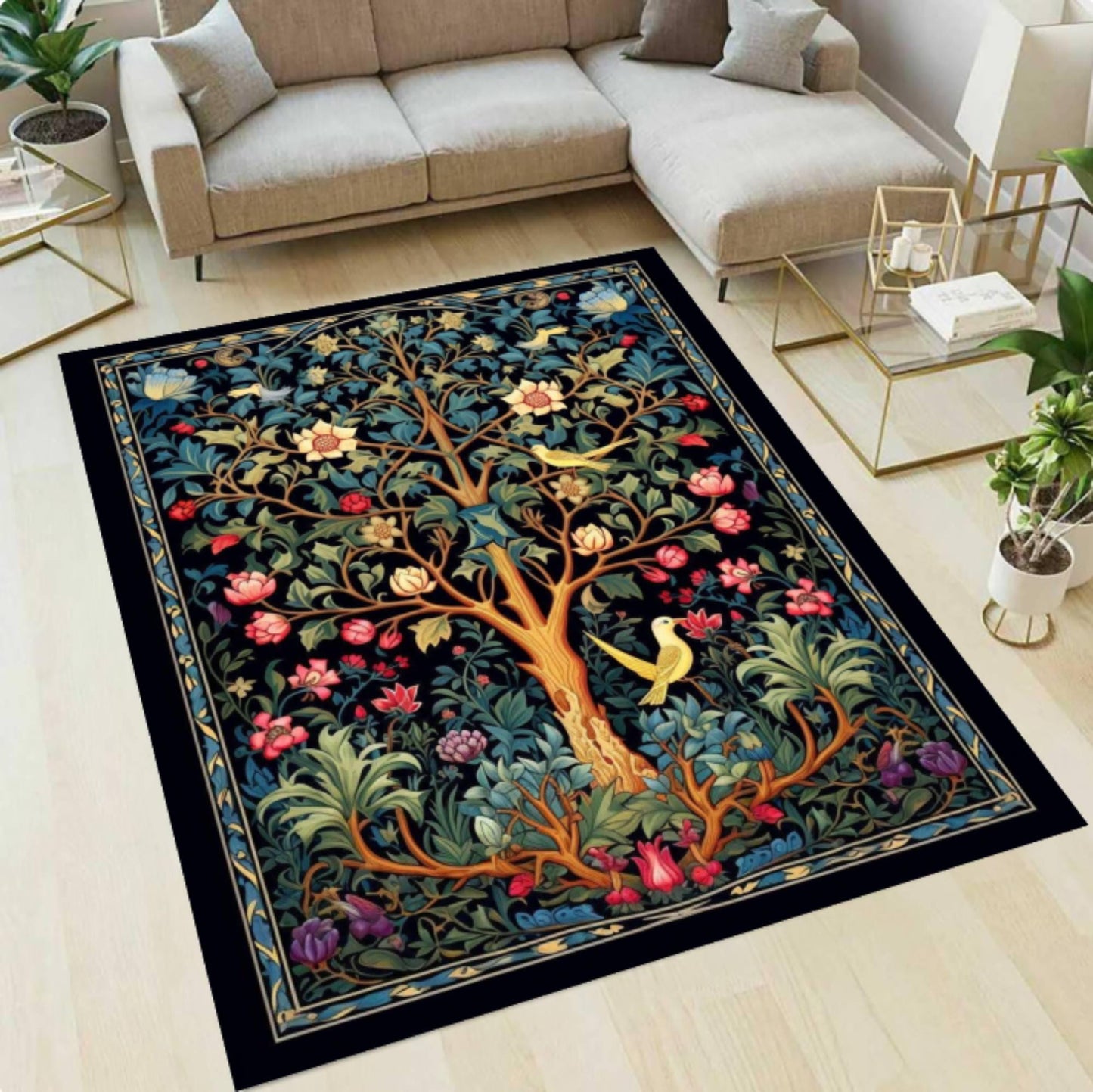 Tree of Life Rug, Floral Botanical Vintage Carpet, Cottagecore Garden Art (Washable Non Slip)
