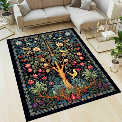 Tree of Life Rug, Floral Botanical Vintage Carpet, Cottagecore Garden Art (Washable Non Slip)