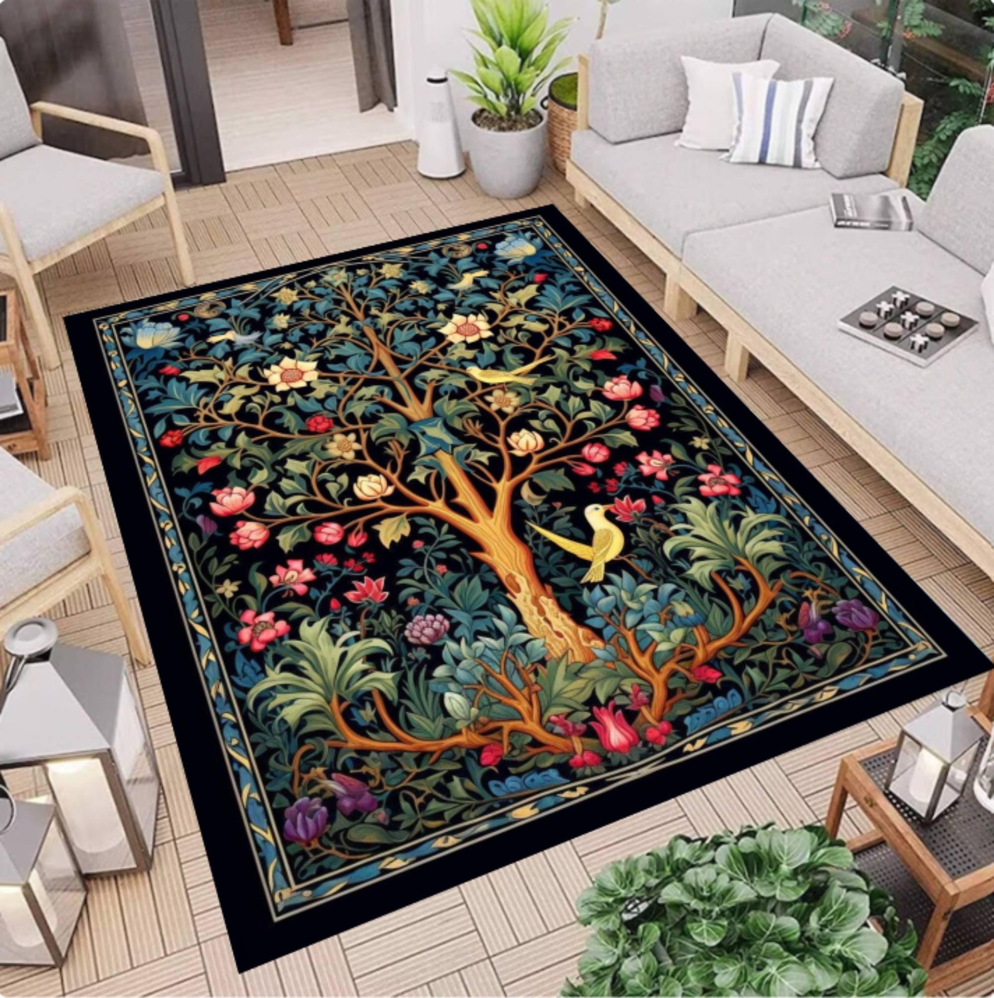 Tree of Life Rug, Floral Botanical Vintage Carpet, Cottagecore Garden Art (Washable Non Slip)