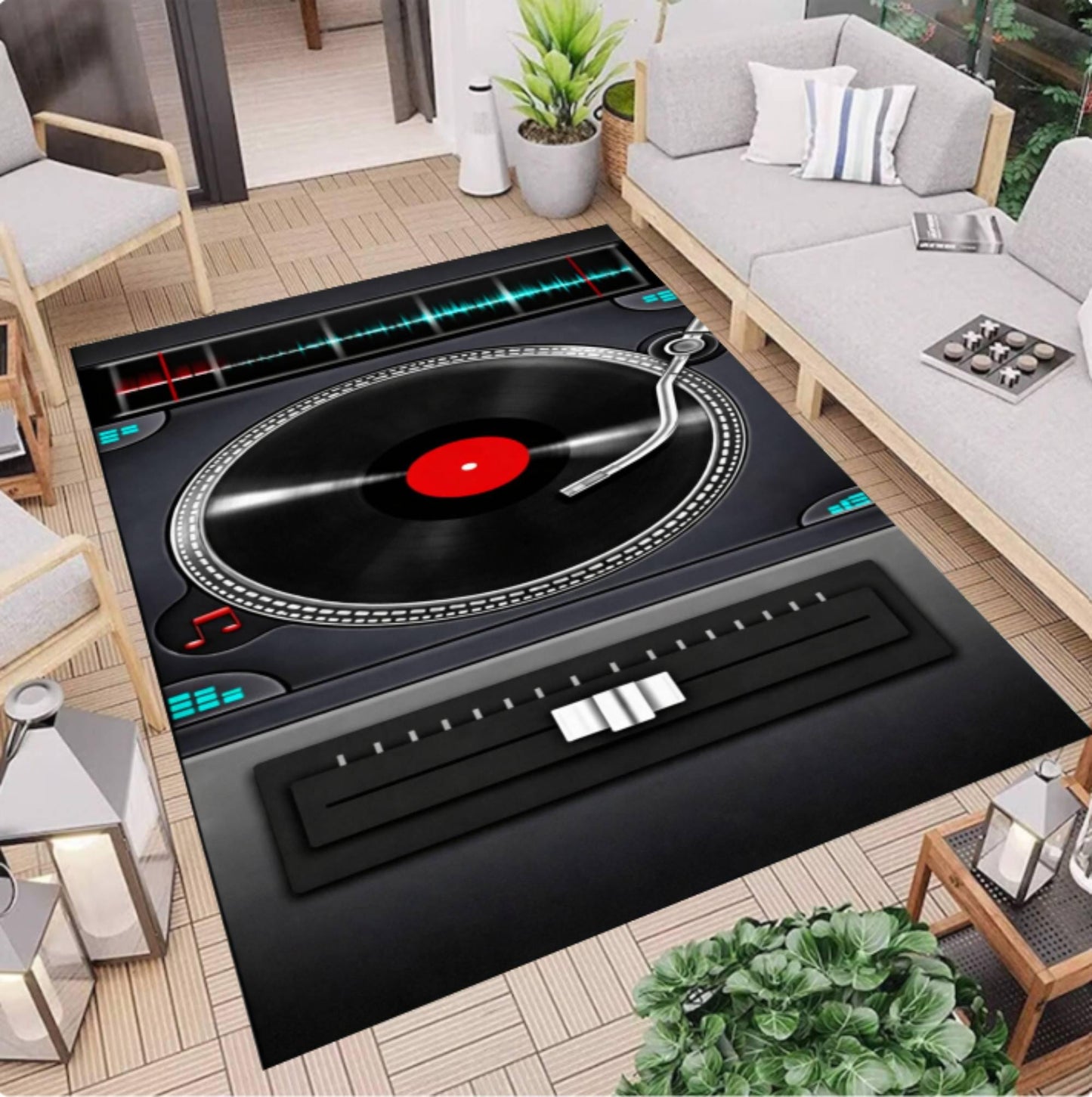 DJ Turntable Rug, Vinyl Record Player Carpet, Music Studio Decor (Washable Non Slip)