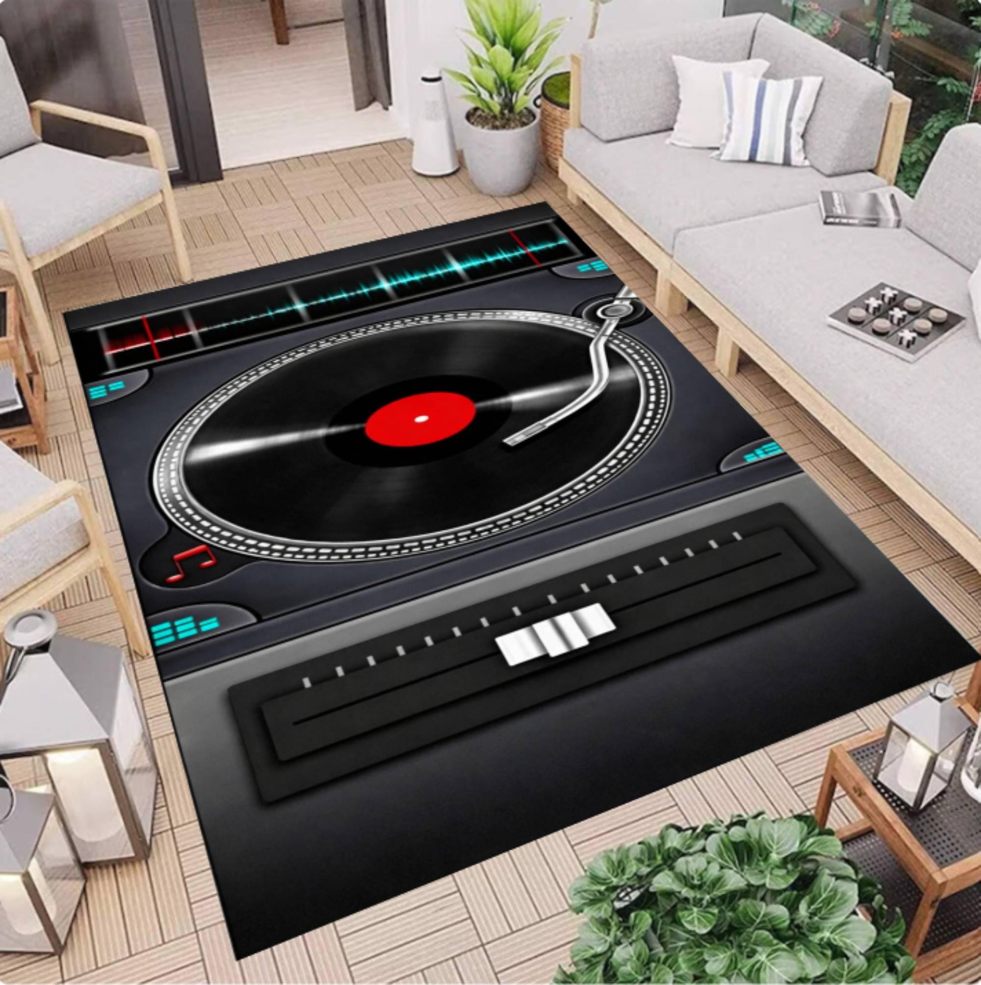 DJ Turntable Rug, Vinyl Record Player Carpet, Music Studio Decor (Washable Non Slip)