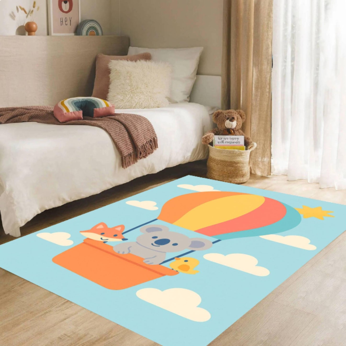 Hot Air Balloon Koala Playroom Rug Washable Daycare Rug Animals