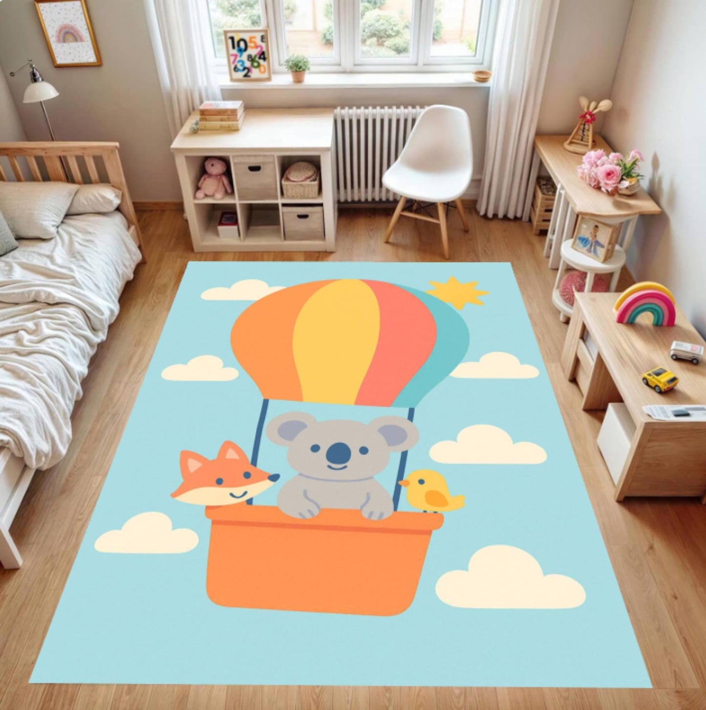Hot Air Balloon Koala Playroom Rug Washable Daycare Rug Animals