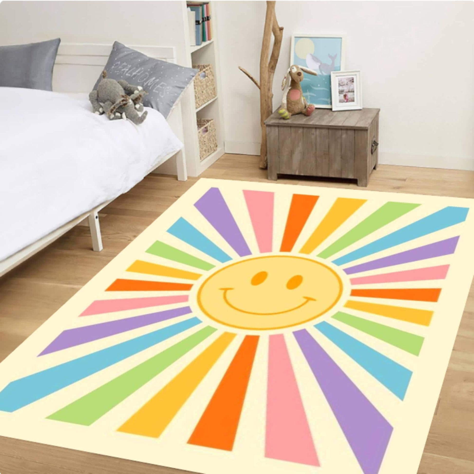Retro Happy Face Sunburst Rug, Colorful Living Room Carpet, Washable Non Slip Mat