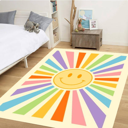 Retro Happy Face Sunburst Colorful Rug Washable Non-slip