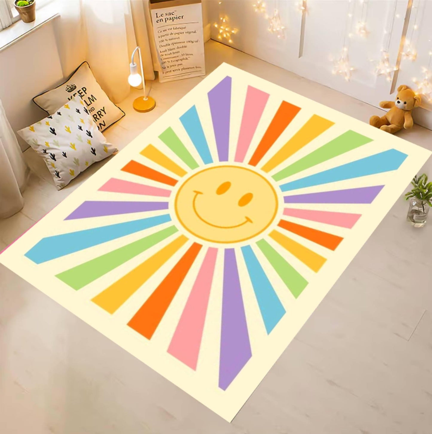Retro Happy Face Sunburst Colorful Rug Washable Non-slip