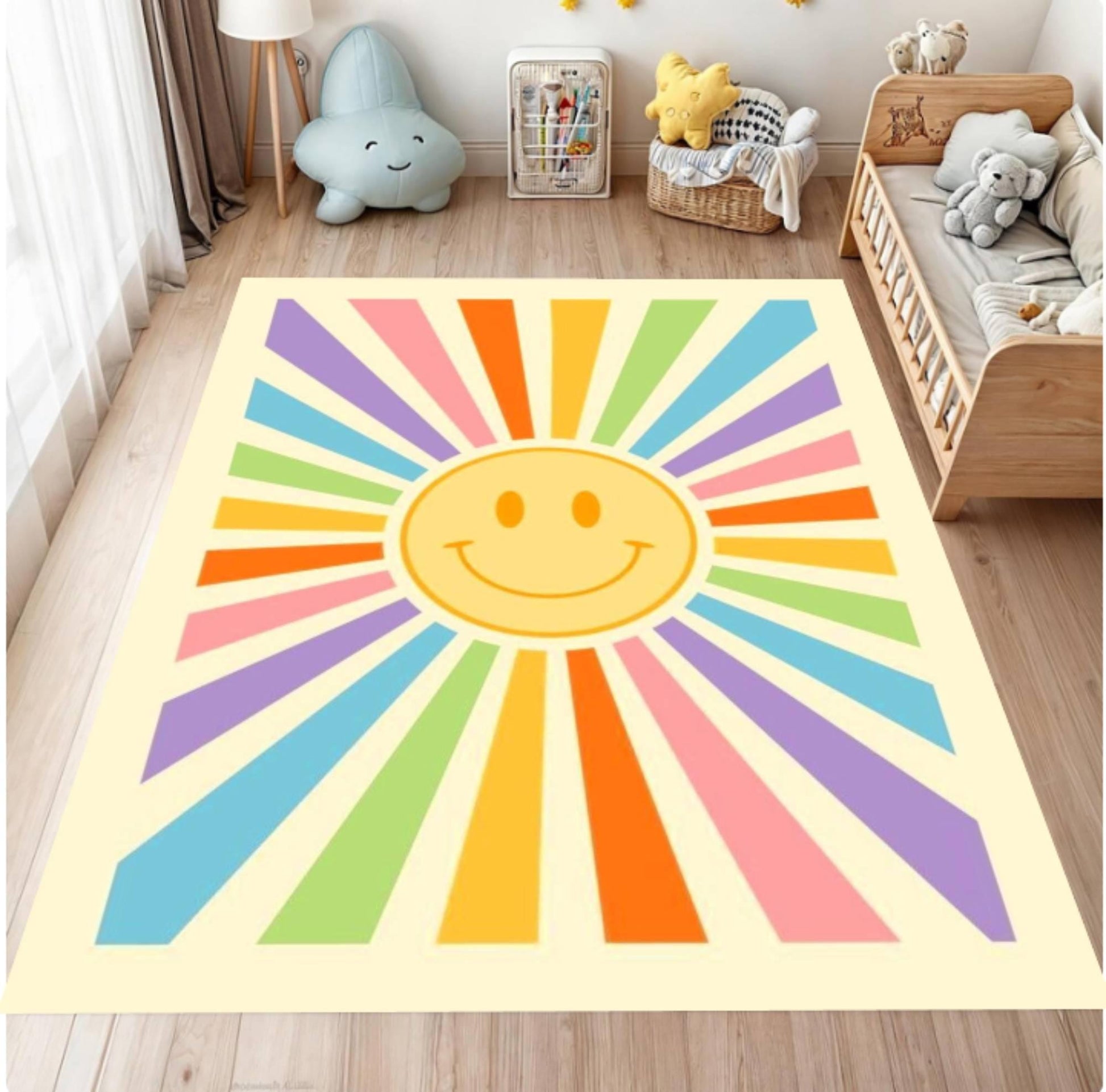 Colorful sun-shaped rug in a child's room with toys and furniture.