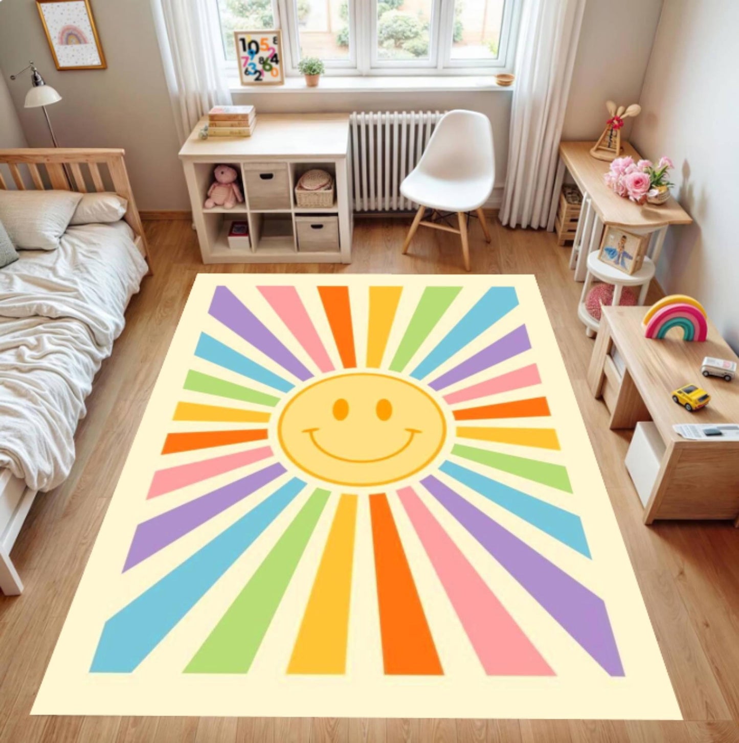 Retro Happy Face Sunburst Colorful Rug Washable Non-slip