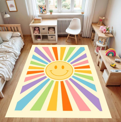 Retro Happy Face Sunburst Colorful Rug Washable Non-slip
