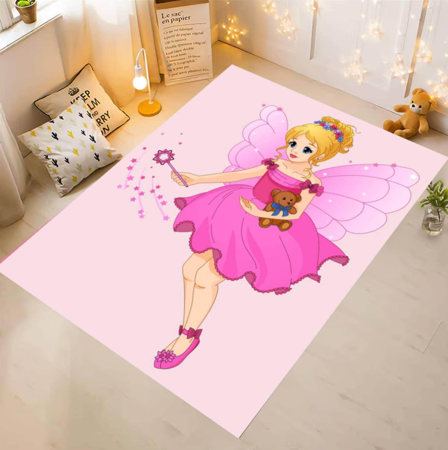 Pink Fairy Princess Kids Area Rug – Magical Castle Washable Non-Slip