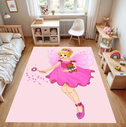 Pink Fairy Princess Kids Area Rug – Magical Castle Washable Non-Slip