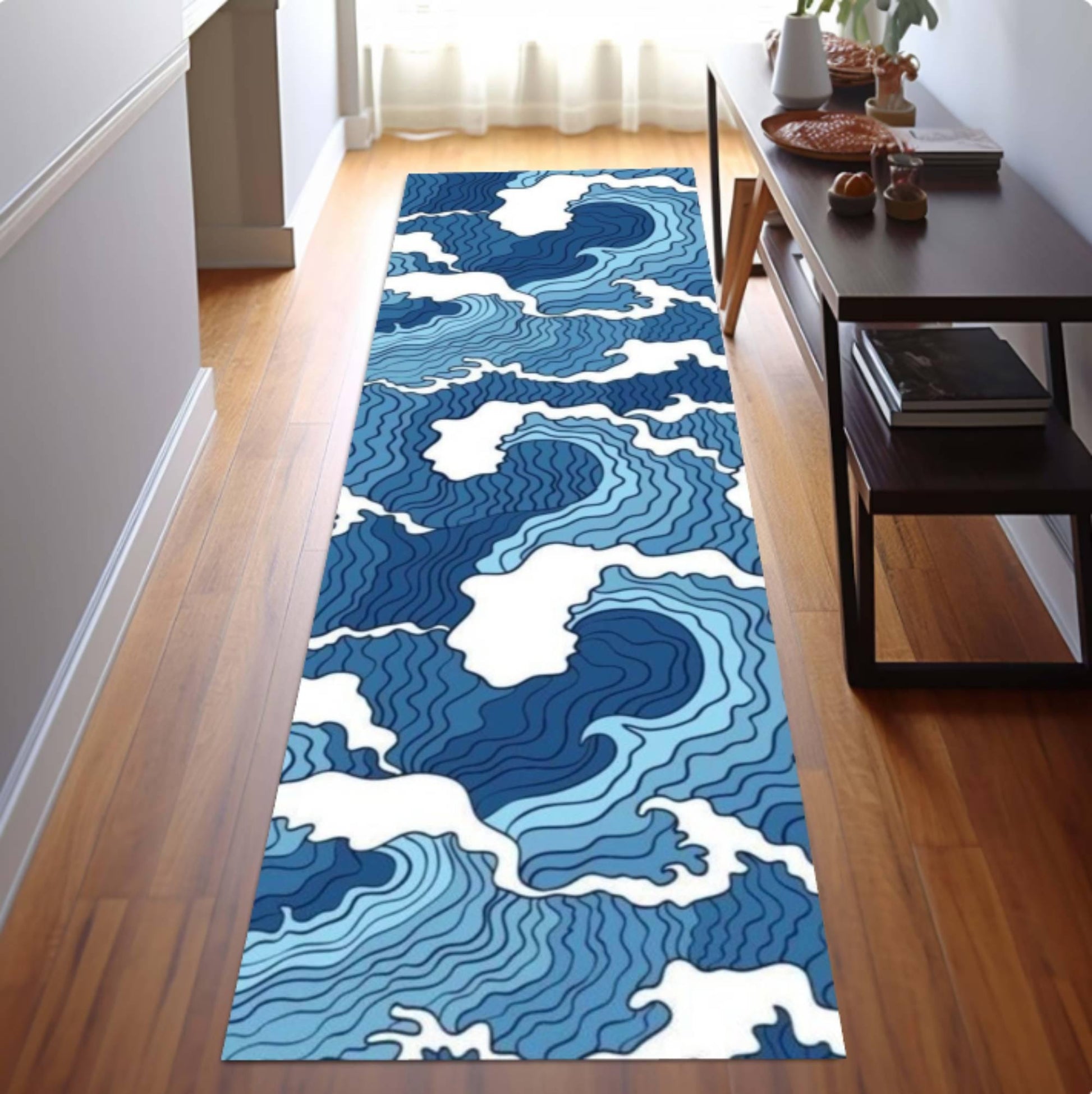 Japanese Style Ocean Wave Runner Rug, Coastal Beach House Hallway Carpet (Washable Non Slip)