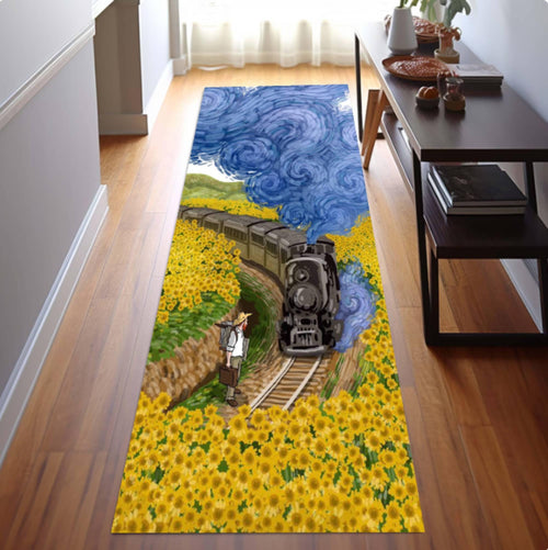 Sunflower Train Runner Rug, Vintage Style Landscape Carpet, Cottagecore Hallway Decor (Washable)
