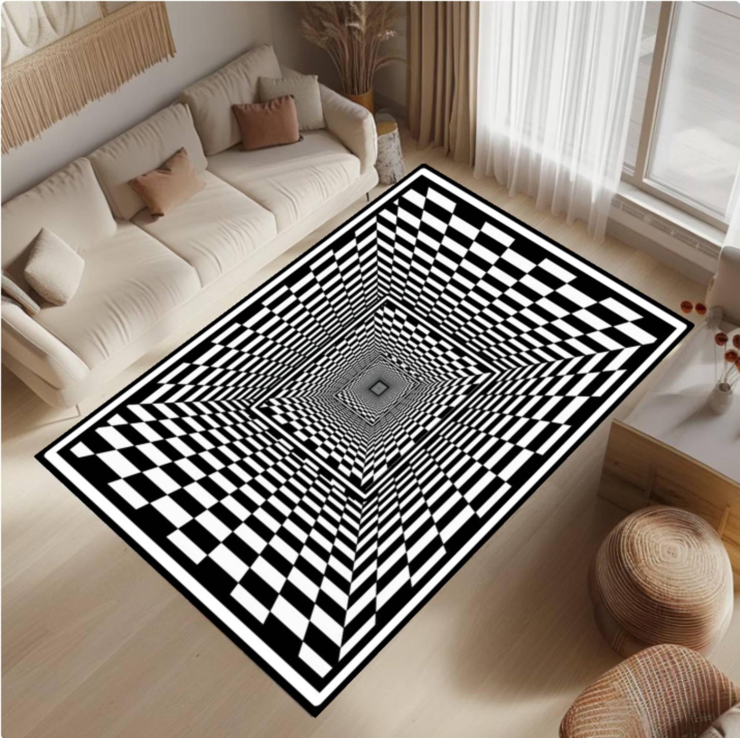 Checkered Rug with Optical Illusion 3D-tunnelpatroon Black and White Geometric