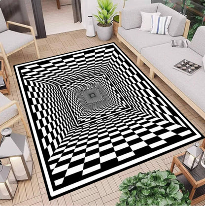 Checkered Rug with Optical Illusion 3D-tunnelpatroon Black and White Geometric