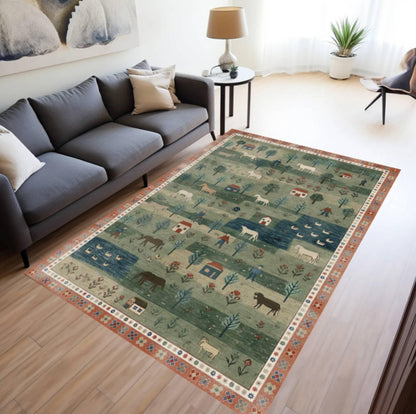 Folk Art Pastoral Scene Area Rug, Farmhouse Country Landscape Carpet, Washable Non Slip