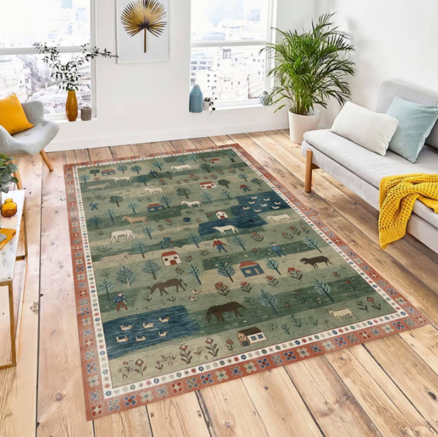 Folk Art Pastoral Scene Area Rug, Farmhouse Country Landscape Carpet, Washable Non Slip