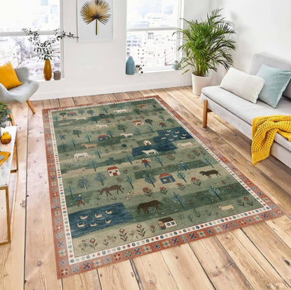 Folk Art Pastoral Scene Area Rug, Farmhouse Country Landscape Carpet, Washable Non Slip