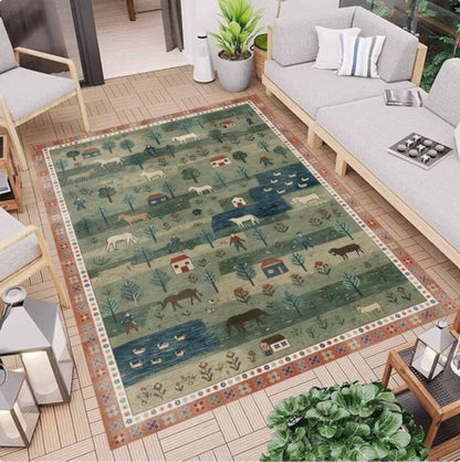 Folk Art Pastoral Scene Area Rug, Farmhouse Country Landscape Carpet, Washable Non Slip