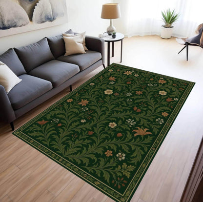 Green Floral Botanical Area Rug, Vintage Cottagecore Nature Carpet, Washable Non Slip Floor Rug