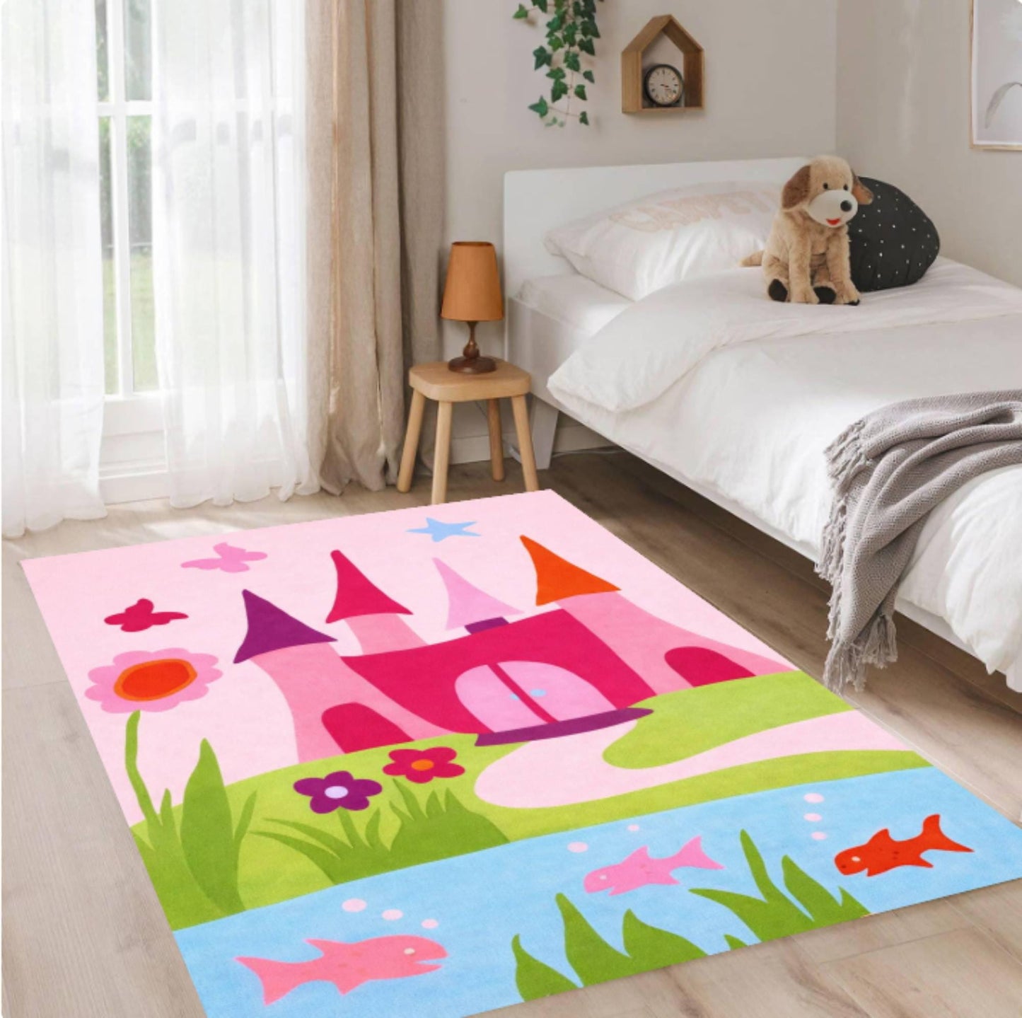 Pink Princess Castle Kids Area Rug – Fairy Tale Washable Non-Slip