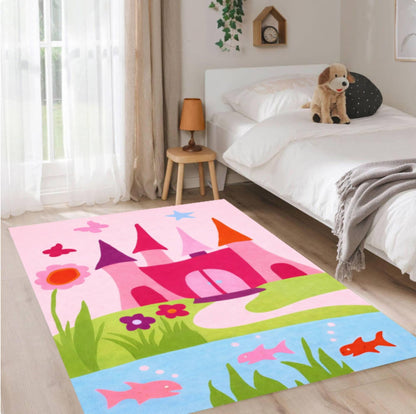 Pink Princess Castle Kids Area Rug – Fairy Tale Washable Non-Slip
