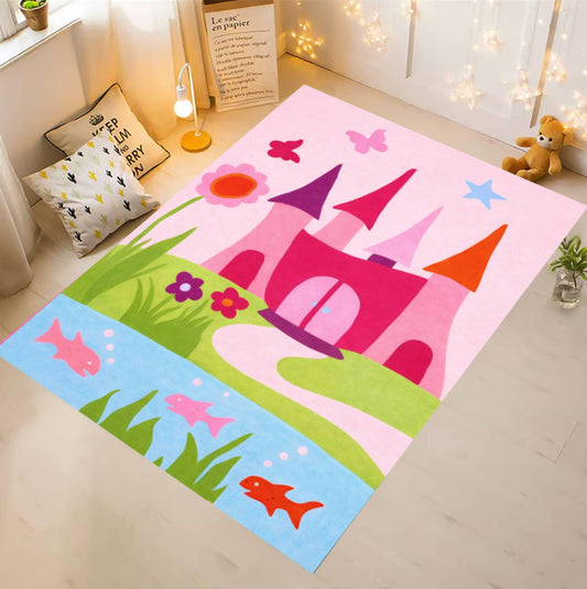 Princess Castle Playroom Rug, Pink Fairy Tale Nursery Carpet, Washable Kids Floor Mat