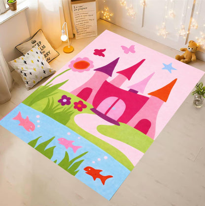 Pink Princess Castle Kids Area Rug – Fairy Tale Washable Non-Slip