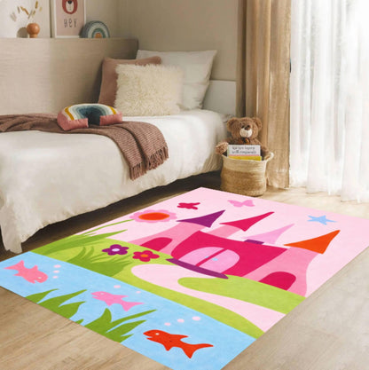 Pink Princess Castle Kids Area Rug – Fairy Tale Washable Non-Slip