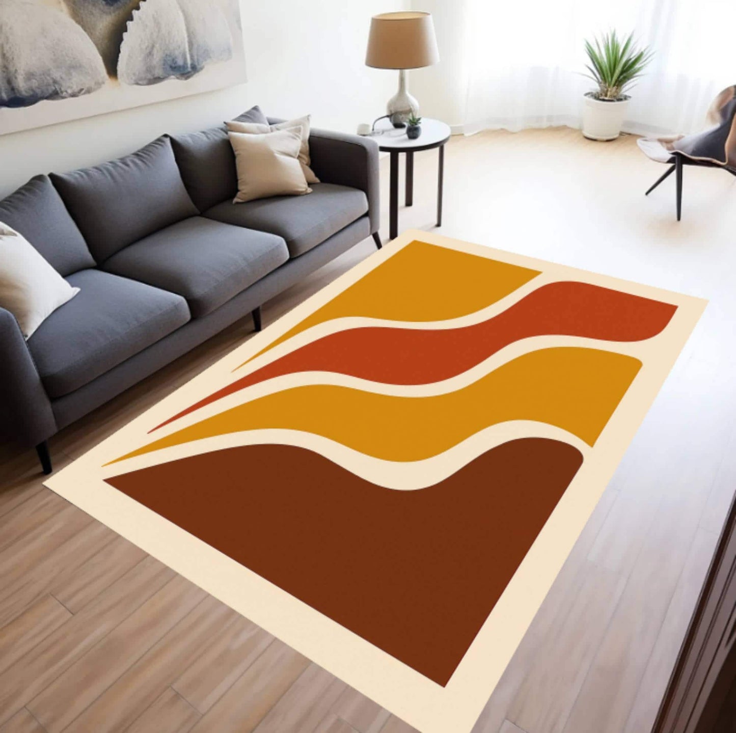 Retro Wave Geometric Washable Rug - Mid Century Modern Boho Area Rug