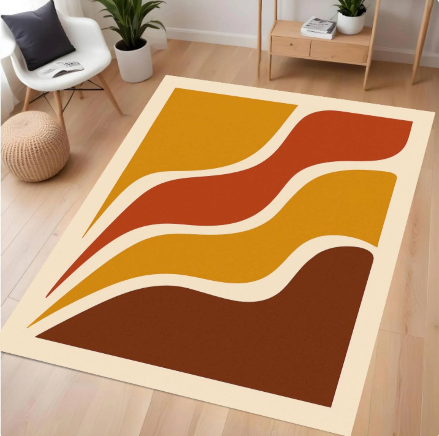 Retro Wave Geometric Washable Rug - Mid Century Modern Boho Area Rug