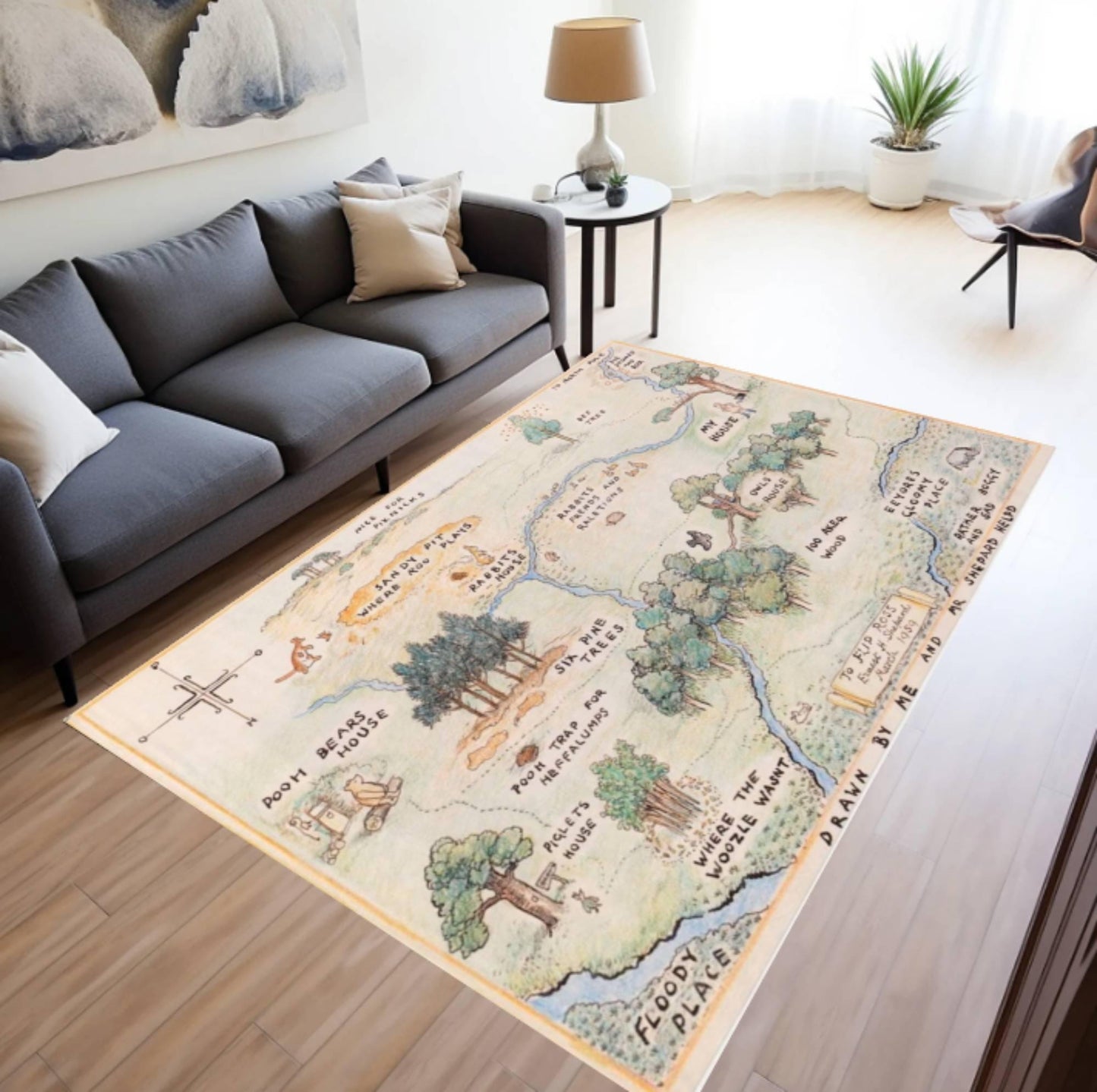 Vintage Storybook Map Rug, Illustrated Landscape Carpet, Nursery Kids Room Decor
