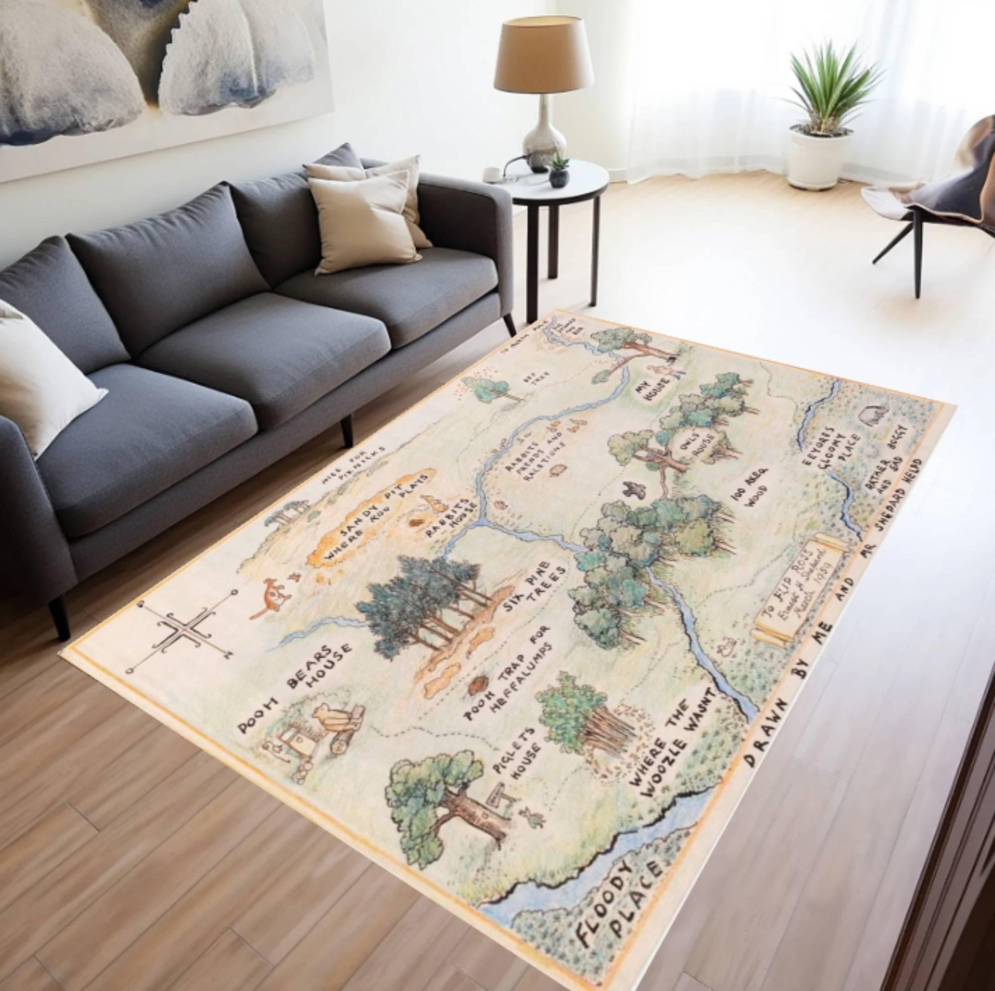 Vintage Storybook Map Rug, Illustrated Landscape Carpet, Nursery Kids Room Decor
