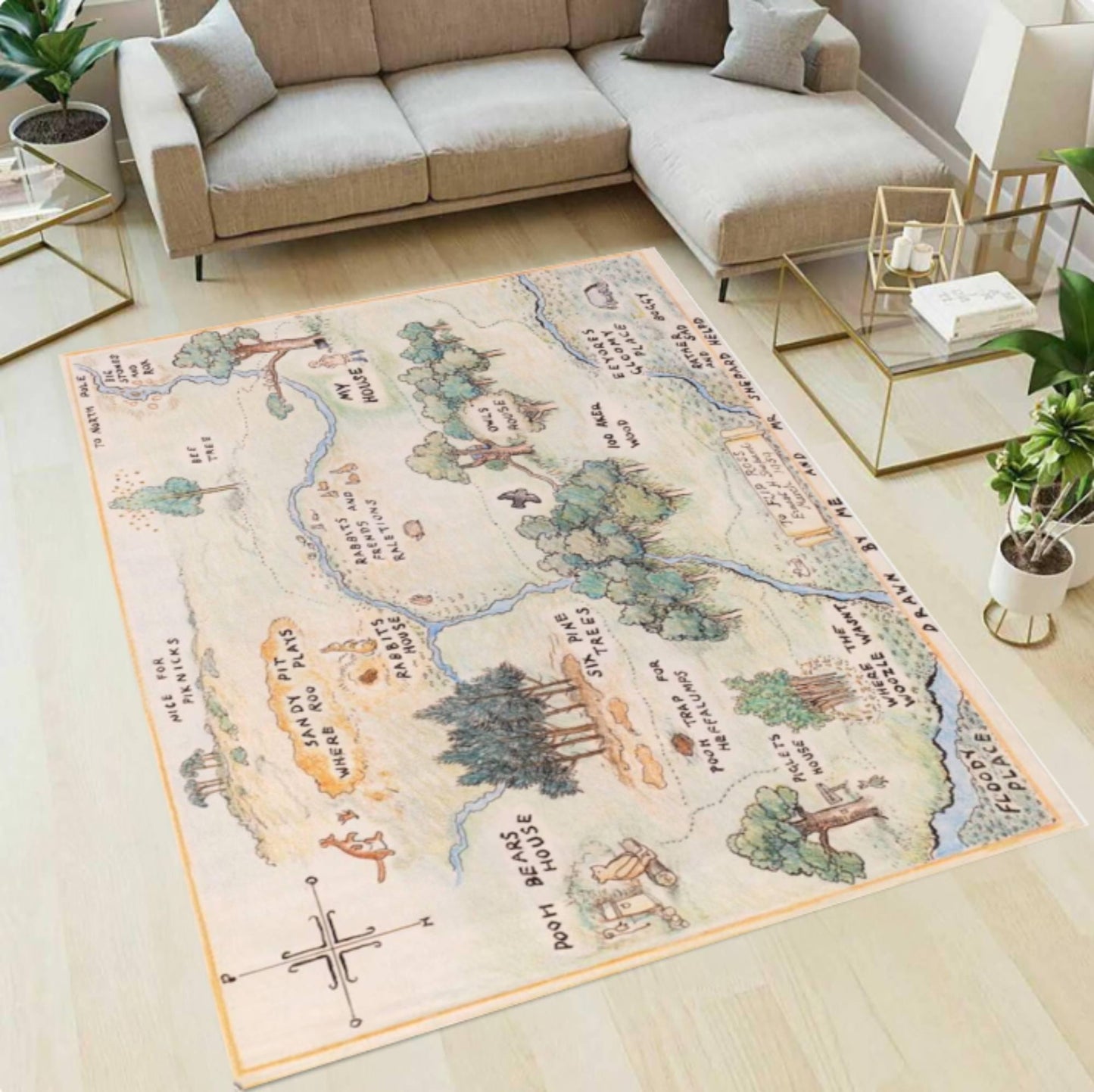 Vintage Storybook Map Rug, Illustrated Landscape Carpet, Nursery Kids Room Decor