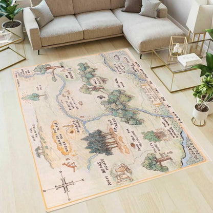 Vintage Storybook Map Rug, Illustrated Landscape Carpet, Nursery Kids Room Decor