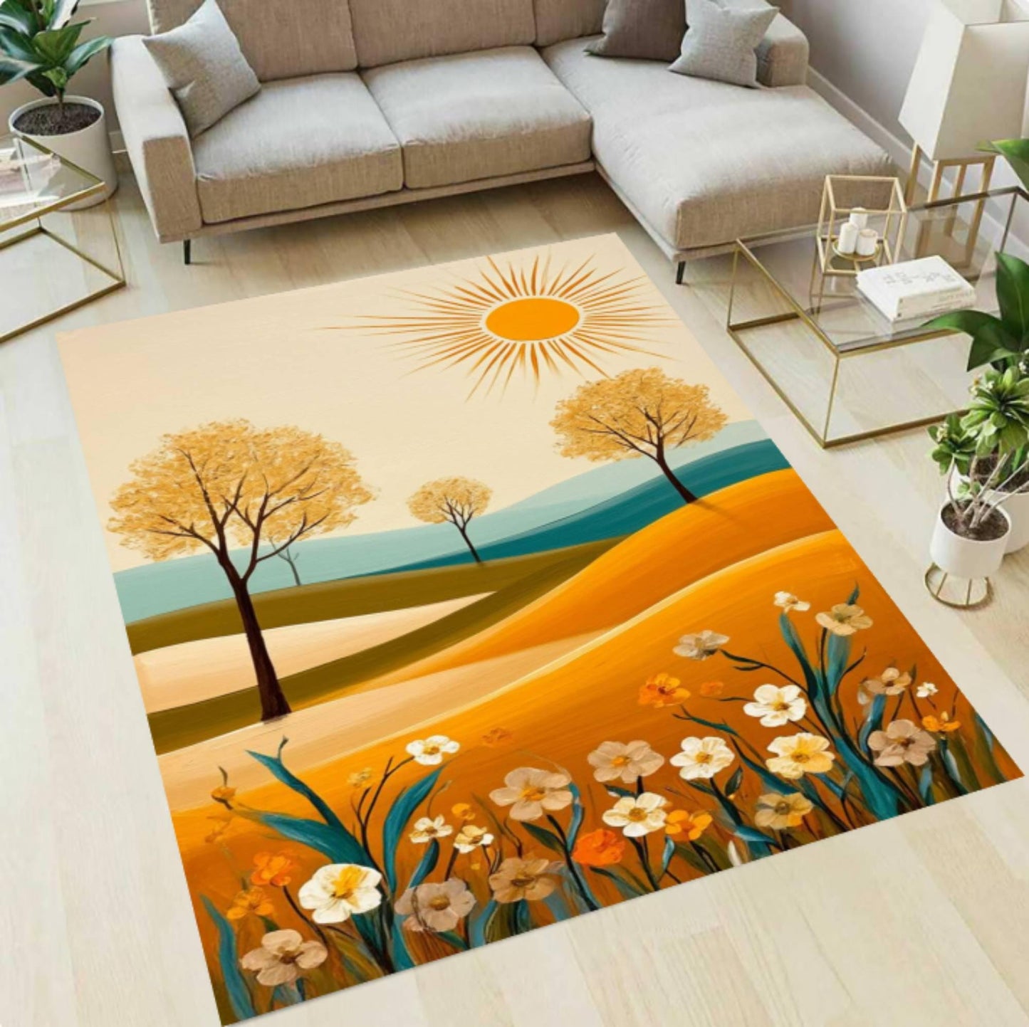 Abstract Landscape Area Rug, Modern Sun Field Carpet, Minimalist Nature Decor Rug, Boho Floral Scenic Rug, Washable Non Slip Area Rug