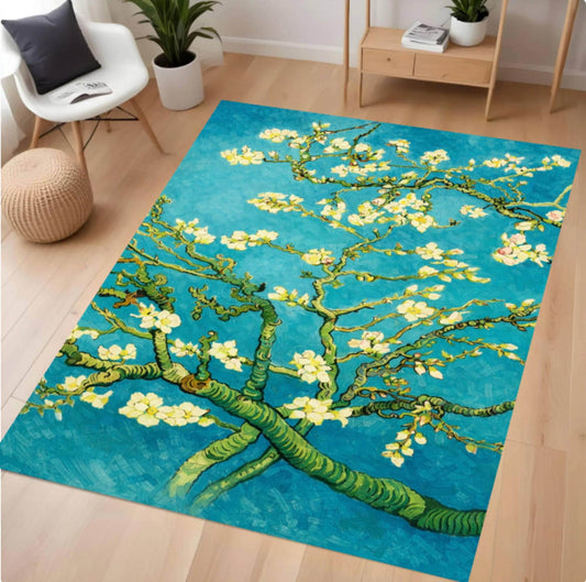 Almond Blossom Art Rug, Impressionist Floral Area Rug, Blue Aesthetic Art Carpet, Vintage Painting Inspired Rug, Washable Non Slip Area Rug