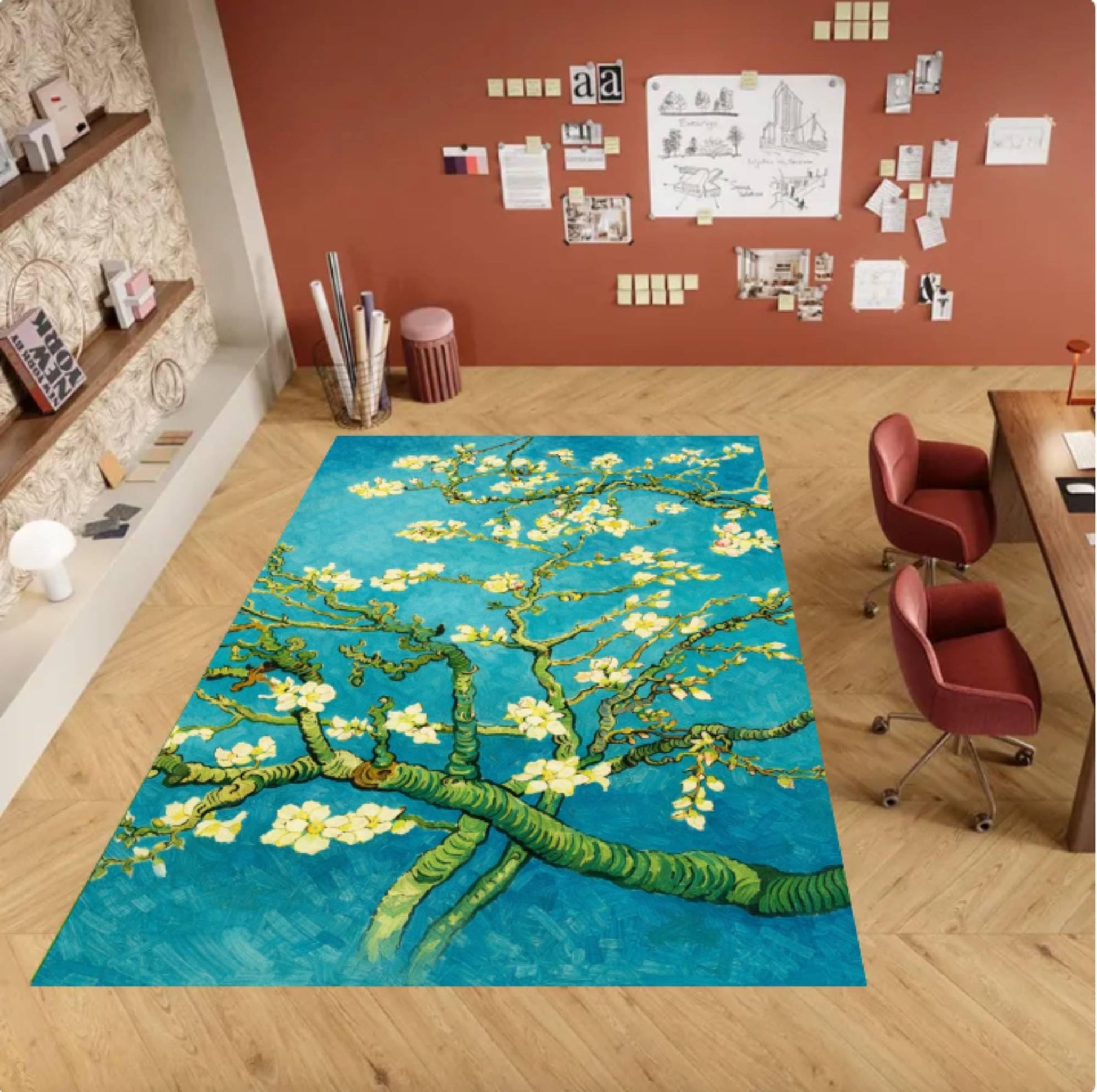 Almond Blossom Art Rug, Impressionist Floral Area Rug, Blue Aesthetic Art Carpet, Vintage Painting Inspired Rug, Washable Non Slip Area Rug